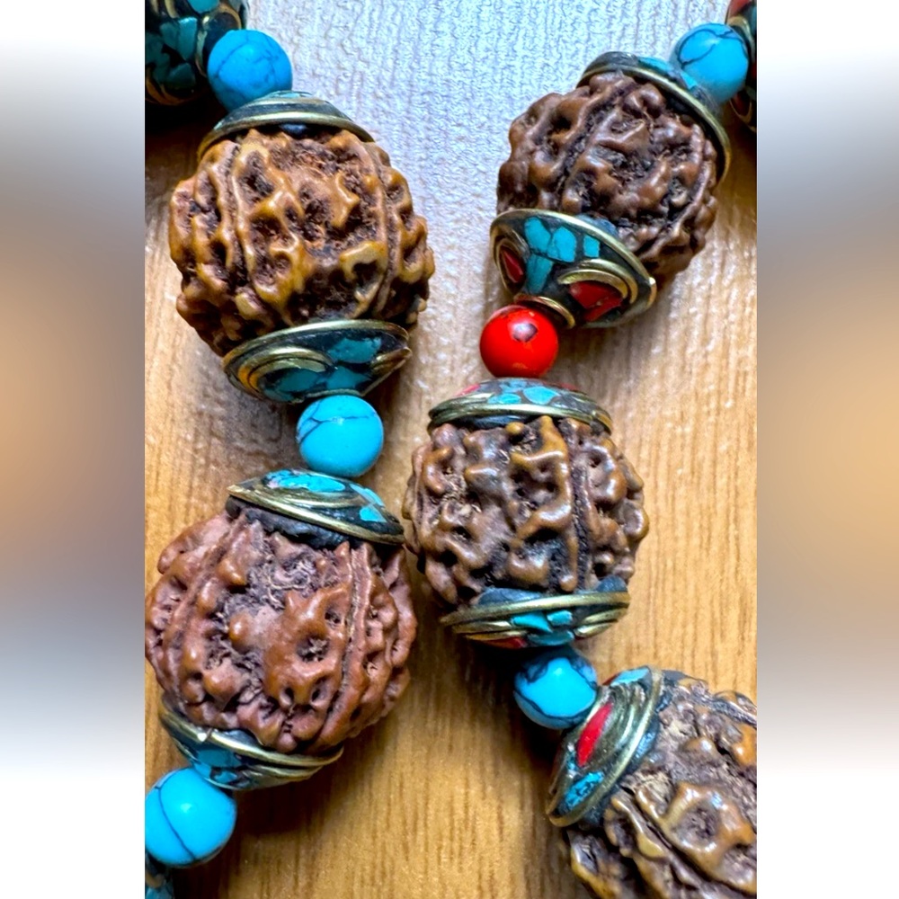Vintage 2 Rudraksha Beads Yoga Bracelets Capped With Inlay Turquoise & Coral. - Picture 6 of 7